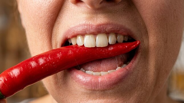 Woman biting red chili pepper extreme close up spicy food concept beauty commercial portrait