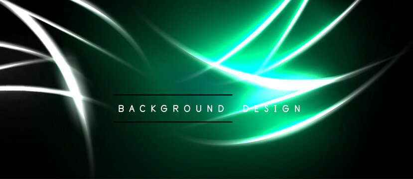 Abstract neon lines over dark background. Bright green glow dominates center, white streaks radiate outward. Modern design element.