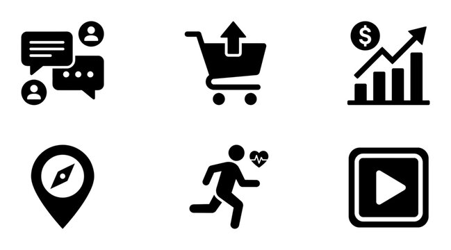 Black icons, business, finance, web, mobile, 6 symbol set