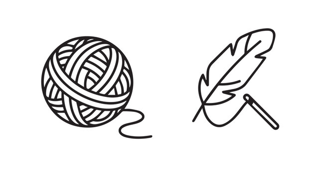 Yarn ball and feather pen illustrate the creative process of traditional knitting and handwritten lettering.