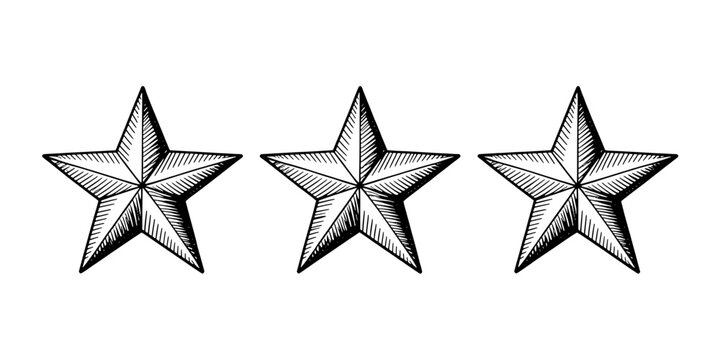 Star badge set with engraved line art texture, three outlined pentagram stars for vintage graphic design and badges