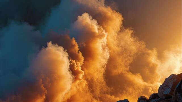 A dramatic and powerful scene unfolds as a colossal plume of fiery orange smoke or dust billows into the dark sky, casting an intense glow over rugged terrain