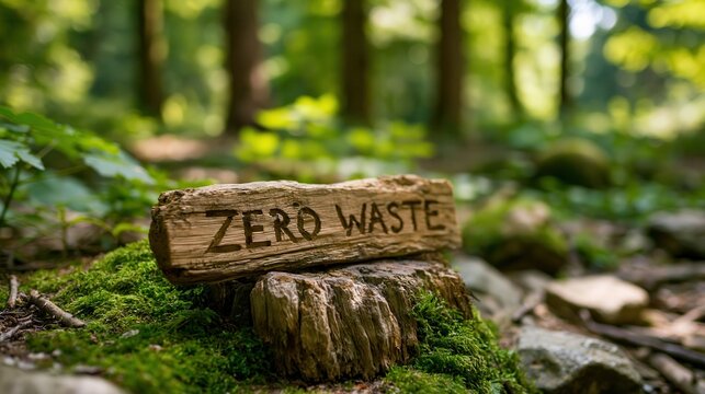 A wooden log with zero waste message in a forest
