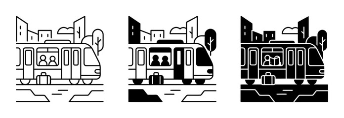 Naklejka premium 3 Cityscape silhouette icons, urban landscape, solid black style, architecture