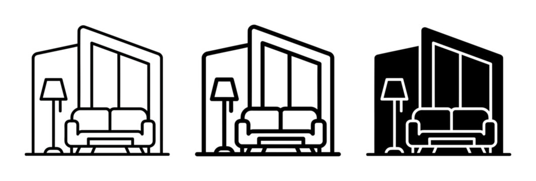 3 Living Room silhouette icons, furniture set, solid black style, interior design