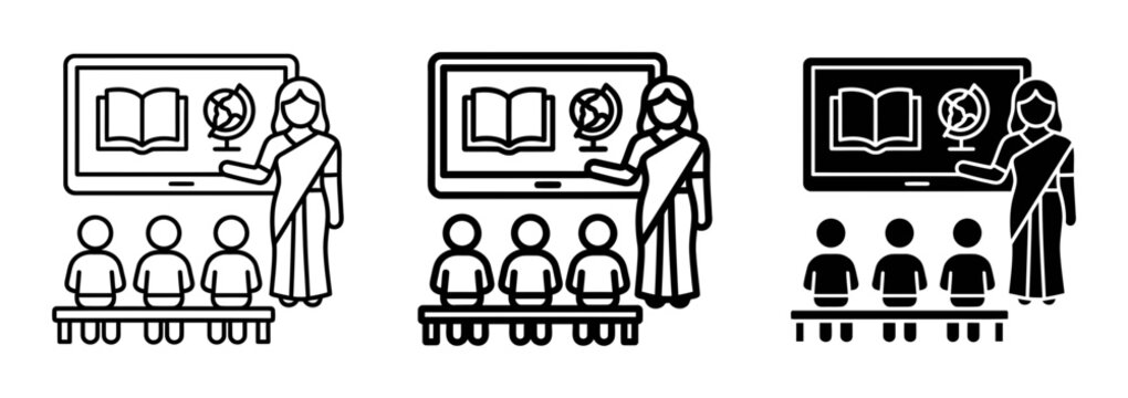 3 Education silhouette icons, teacher lecturing students, classroom setting, solid black style, learning materials