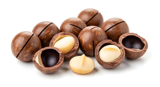 Close up of macadamia nuts isolated on a white background studio shot