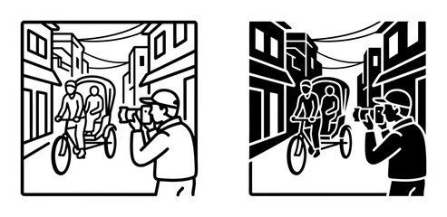 Obraz premium 20 Photographer icons, camera man taking pictures, outline solid styles, UI and web interface design