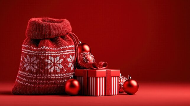 A festive Christmas stocking and gifts on a red background