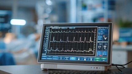 Fototapeta premium Close-up of a Medical Monitor Displaying Heartbeat ECG Readings in a Clinical Setting