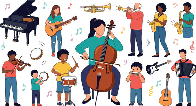 Diverse Musicians Playing Musical Instruments Vector Character Set with Cello, Piano, Saxophone, Violin, and Drums for Live Concert, Band, and Concert Performance Designs