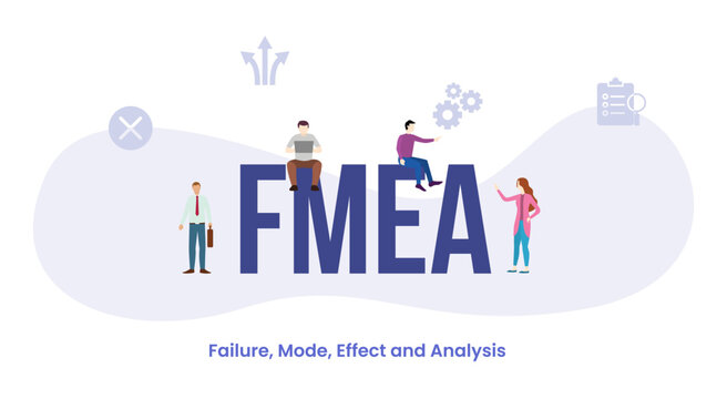 FMEA with big word or text and team people with modern flat style