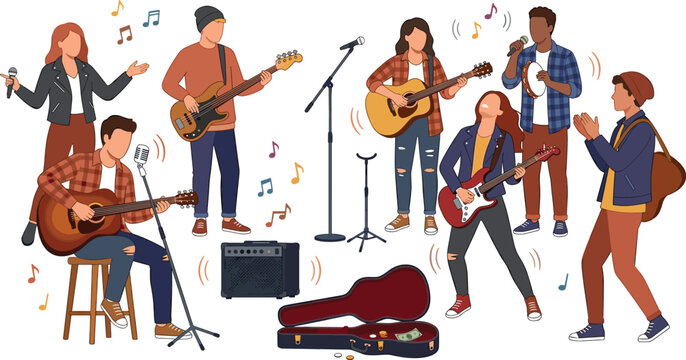 Street Musicians and Buskers Band Vector Character Set with Acoustic Guitar, Electric Bass, Singers, and Musical Equipment for Live Concert Performance Graphic Designs