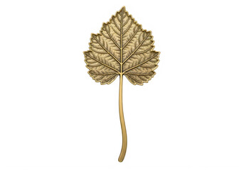 Fototapeta premium Golden metal leaf sculpture on white background decorative plant artistic design element transparent background