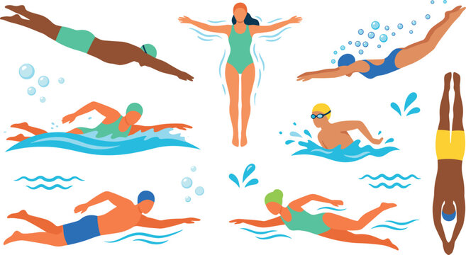 Professional Swimmers and Water Sports Vector Character Set with Diverse Athletes Diving, Swimming Crawl, Breaststroke, and Butterfly Strokes for Pool Competition Designs