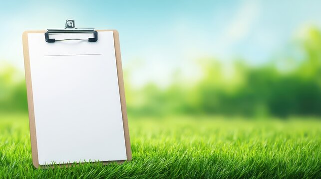 Clipboard and blank paper rest in green grass empty clipboard sheet ready for notes outdoors