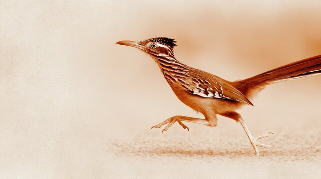 Fast greater roadrunner bird running in desert landscape sepia tone artistic photography for nature prints and wildlife decor