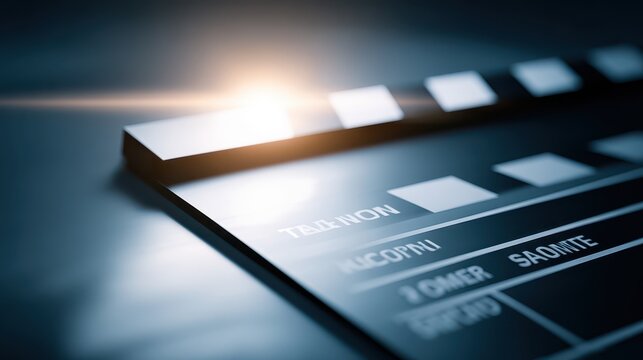 Professional cinematic film clapboard symbolizing movie production industry excellence in high contrast lighting