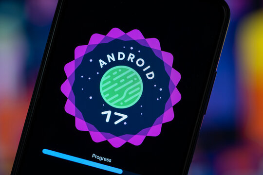 Dhaka, Bangladesh - 24 May 2026: The logo of the Android 17 is displayed on a smartphone screen.