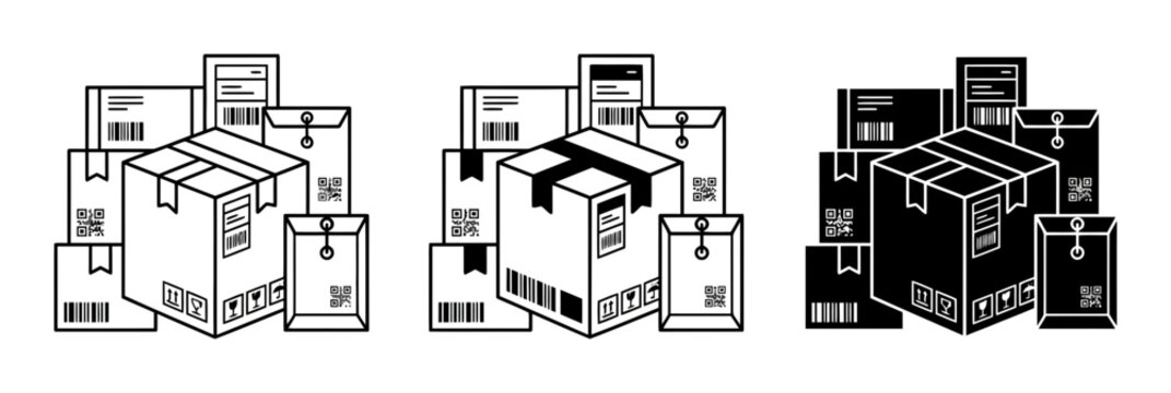 3 Delivery box silhouette icons, package boxes, solid black style, logistics