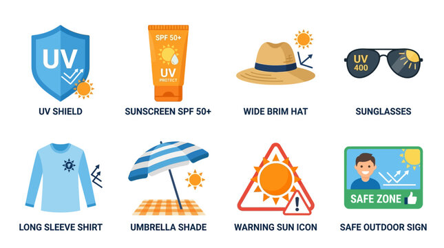 Vector set of summer protection icons featuring UV shield, sunscreen, hat, sunglasses, long sleeve shirt, umbrella, warning sign, and safe zone symbol for outdoor safety.