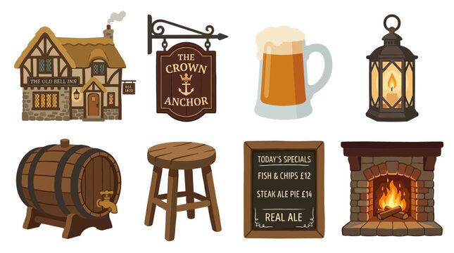 Vector set of a traditional English pub interior with various elements including a house, sign, beer, lantern, barrel, stool, specials board, and fireplace.