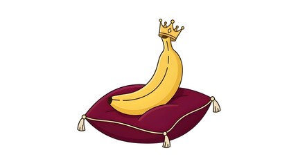 Obraz premium Regal banana wearing golden crown resting on royal purple velvet cushion with tassels, symbolizing royal fruit, luxury, and premium quality on a white background.