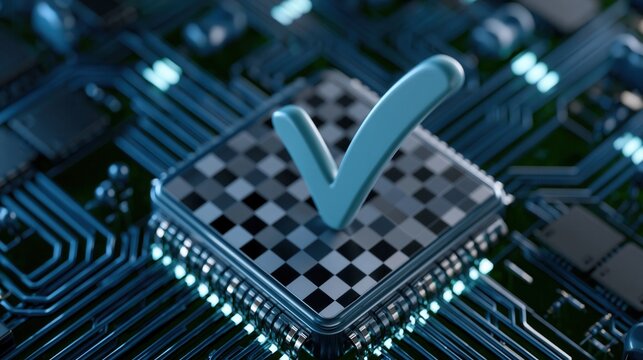 A computer chip with a checkmark on a circuit board background