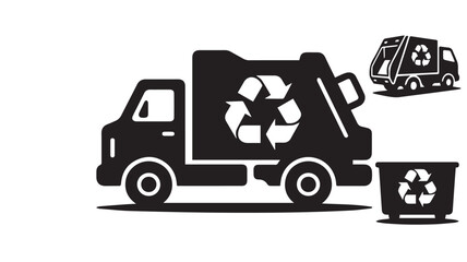 Fototapeta premium Garbage truck icon set displays recycling symbols on a clean white background.