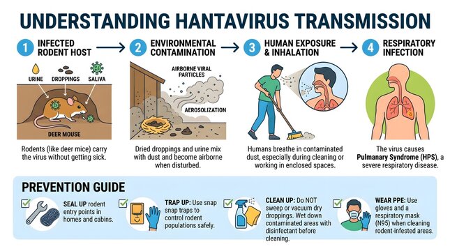 Hantavirus Transmission and Prevention Infographic: Medical Illustration of Viral Infection from Rodents to Humans