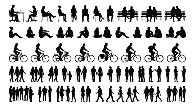 Black silhouette people collection, diverse human figures sitting and walking vector set, urban crowd and cyclists silhouettes for architectural visualization