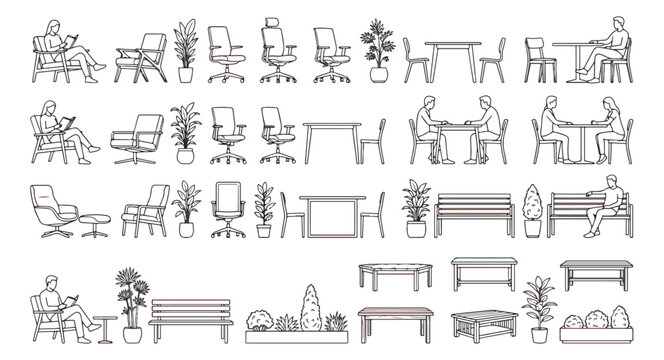 Minimalist architectural furniture vector set, modern office and cafe interior line icons, people sitting in chairs and benches for floor plans