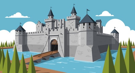 Medieval Castle Fortress with Drawbridge and Moat, Flat Design Illustration © fanya