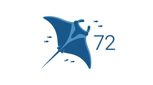 Manta Ray Swimming with Small Fish and Number 72