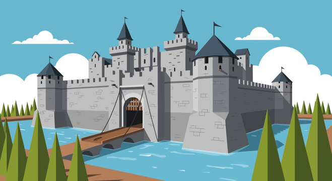 Medieval Castle Fortress with Drawbridge and Moat, Flat Design Illustration