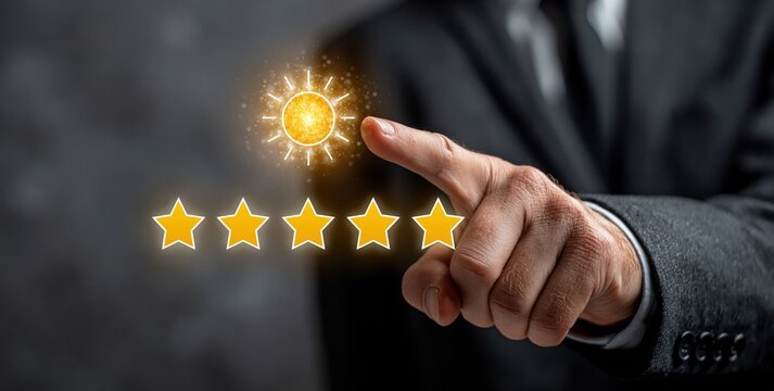 Businessman rating experience with glowing sun icon and five yellow stars symbolizing excellent customer feedback