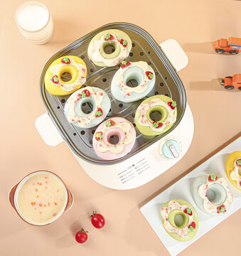 Cute Cartoon Donut Maker with Colorful Nutritious Buns and Healthy Strawberry Toppings