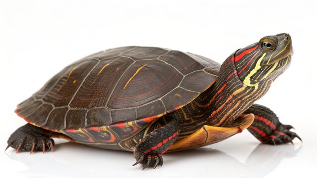 Isolated painted turtle on a solid white studio background