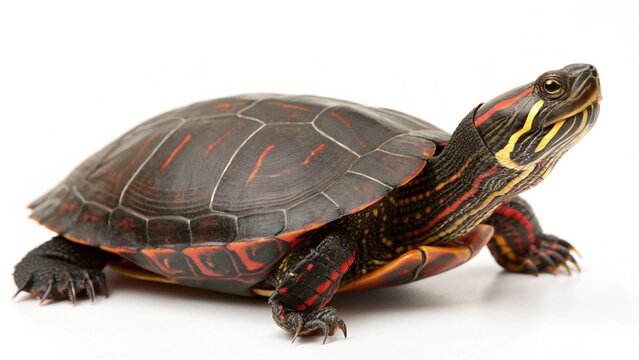 Isolated painted turtle on a solid white studio background