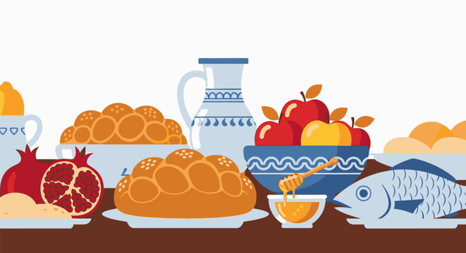 Traditional Jewish Shabbat dinner table with fish bread fruits and wine