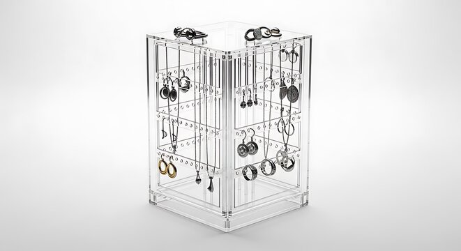 Clear acrylic jewelry display stand with hanging necklaces and earrings. v
