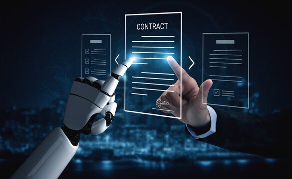 A robot hand interacts with a digital contract alongside a human hand, showcasing the modern blend of human and technology in business agreements and innovative interactions. Cyphers