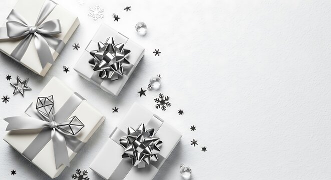 Minimalist white gift boxes with shimmering silver bows and geometric diamond accents on a textured white background for a clean luxury winter holiday greeting card or seasonal sales promotion