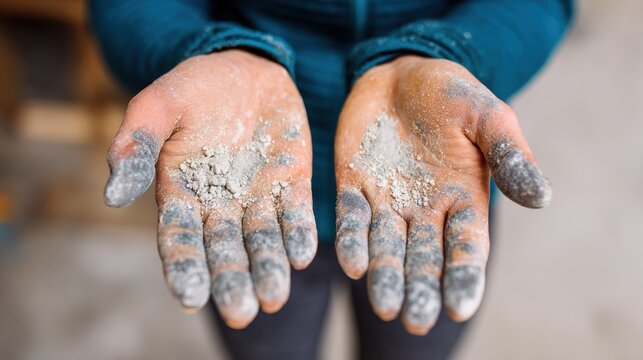 Person displays open palms covered in gray residue and fine powder after manual activity