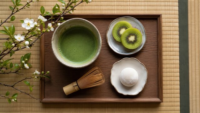 Matcha Tea Tray With Kiwi Mochi And Bamboo Whisk