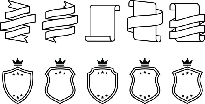 Vintage Ribbon Banners Scrolls and Heraldic Shield Badges Vector Set Featuring Royal Crowns and Stars Elements for Insignia Labels and Certificate Designs