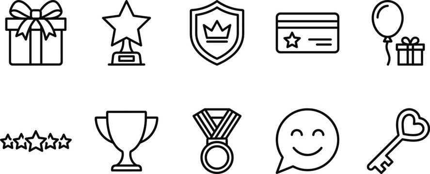 Customer Loyalty Rewards and Business Gamification Line Icon Set Featuring Gift Box Star Trophy Shield Credit Card and Achievement Medal Symbols for Apps