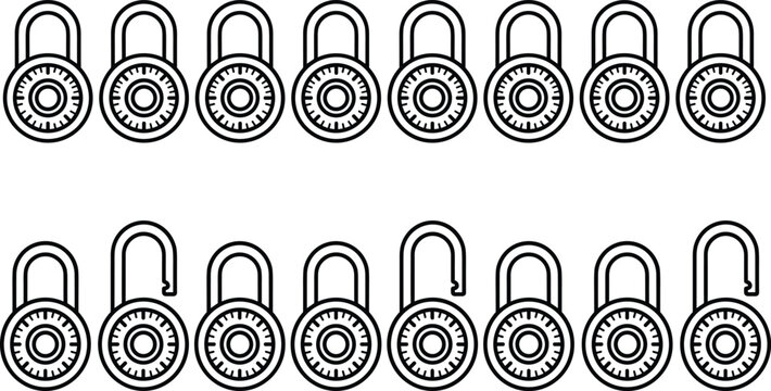 Combination Dial Padlock Vector Set Featuring Closed and Open Combination Locks for Cybersecurity Safe Protection and Access Control Layouts