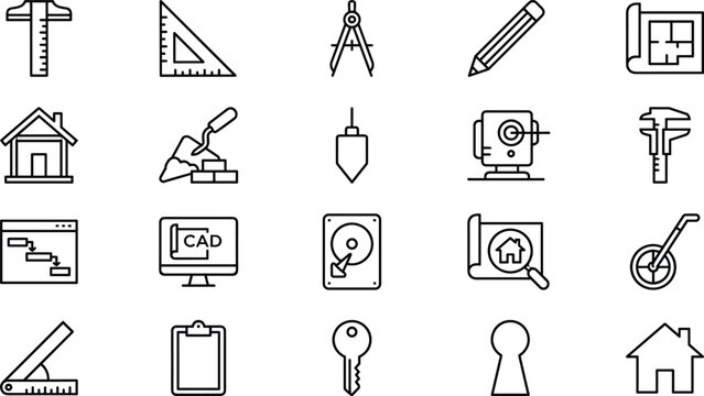 Architecture and Engineering Drafting Line Icon Vector Set Featuring Blueprint CAD Monitor T Square Compass Triangle Ruler and Construction Tool Symbols