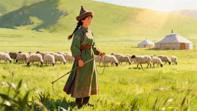 Mongolian herder with sheep in grassland
